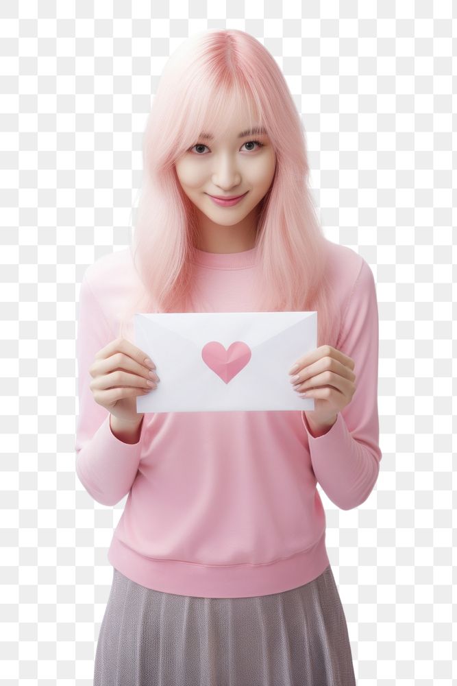 PNG  A girl holding a pink love letter white background hairstyle happiness. AI generated Image by rawpixel.