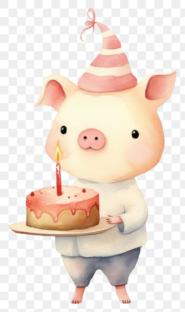 PNG Cute pig holding birthday cake dessert food representation. 