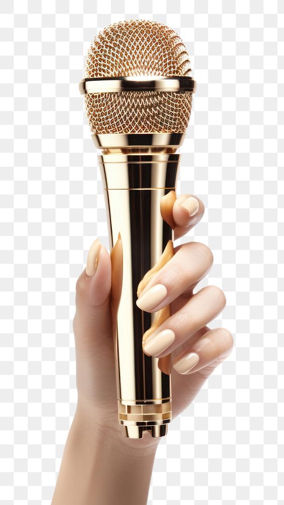 PNG Hand woman hold gold microphone white background performance technology. AI generated Image by rawpixel.