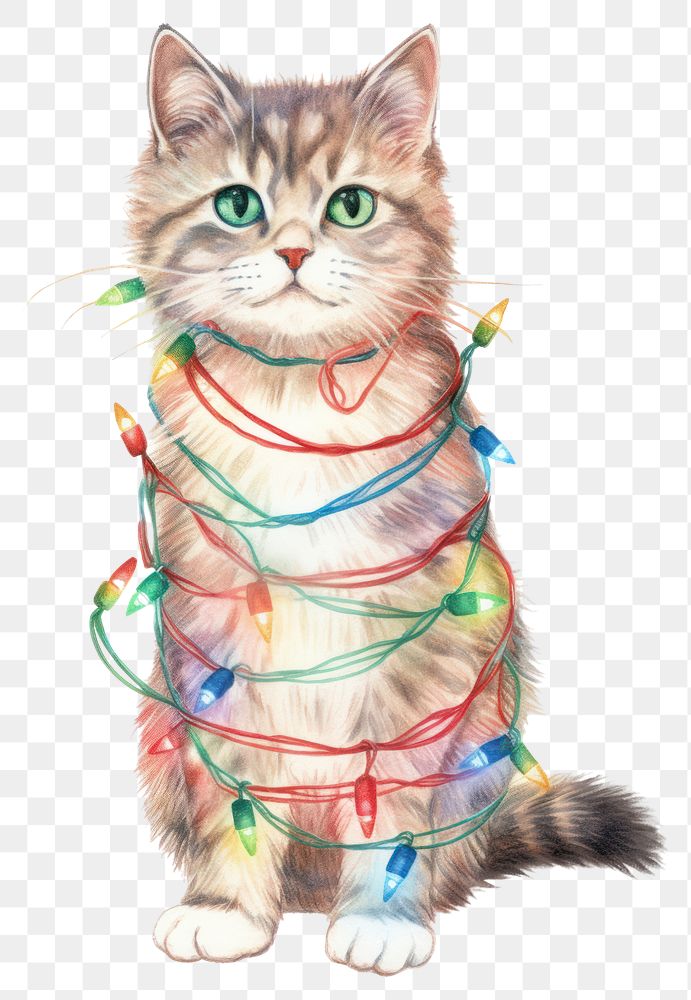 PNG festive cat wrapped lights