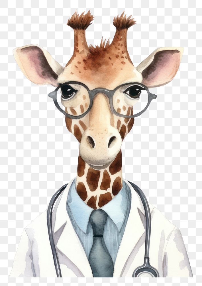 PNG Animal doctor giraffe glasses cartoon. 