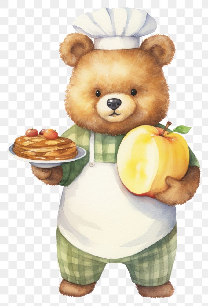 PNG Cute bear chef holding apple pie cartoon food toy. 