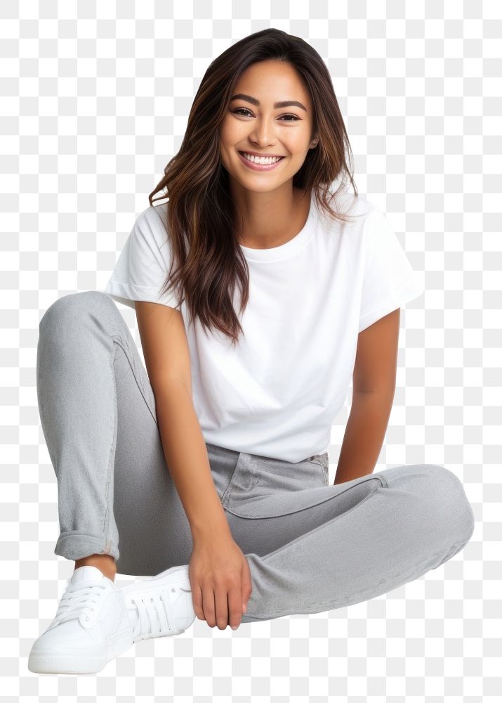 PNG White t-shirt sitting smiling smile AI generated Image by rawpixel