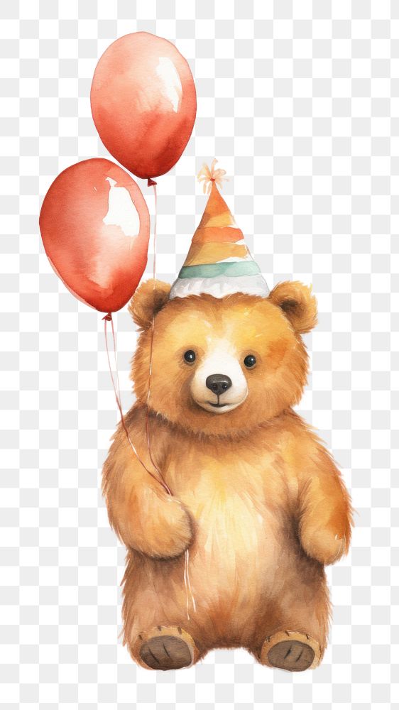 PNG Bear wearing a party hat balloon bear toy. 