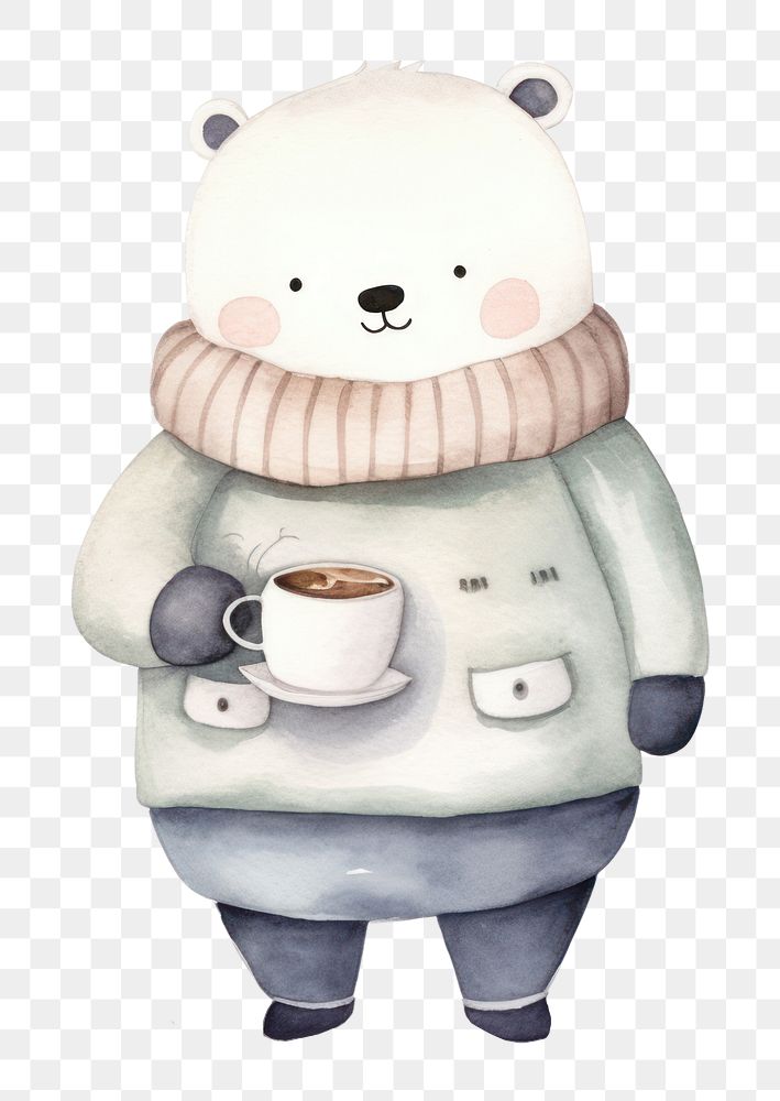 PNG Polar bear wearing a winter outfit coffee snowman cartoon. 