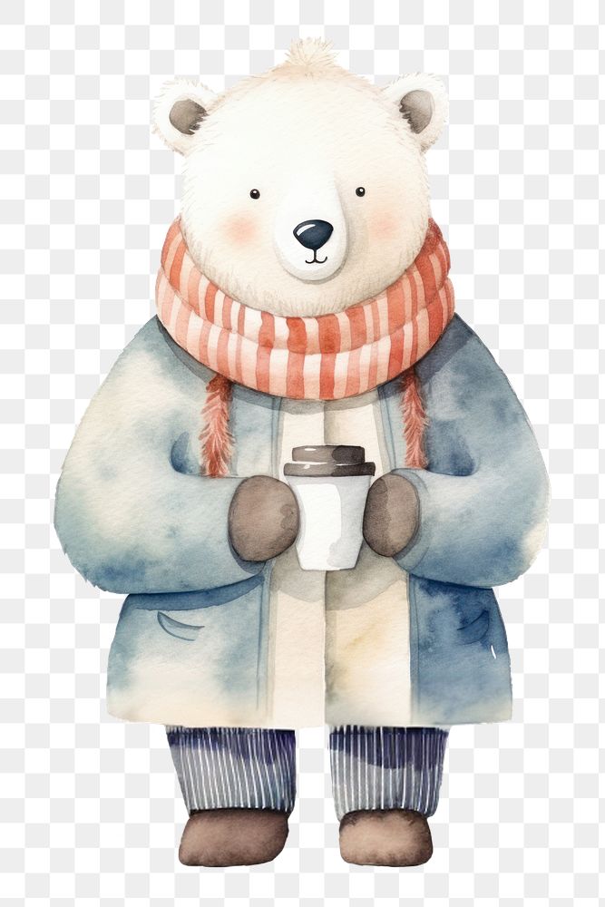 PNG Polar bear wearing a winter outfit cartoon cute toy. AI generated Image by rawpixel.