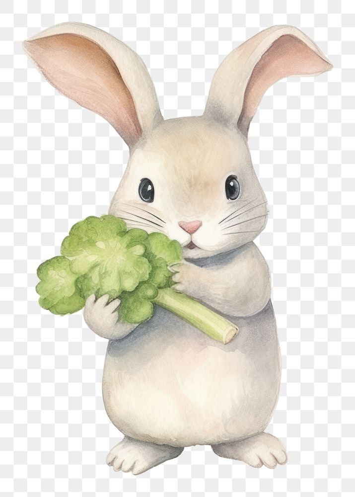 PNG Cute rabbit holding vegetable broccoli cartoon animal. AI generated Image by rawpixel.
