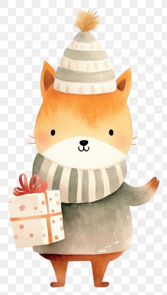 PNG Cute fox character wear sweater holding gift box cartoon paper representation. 