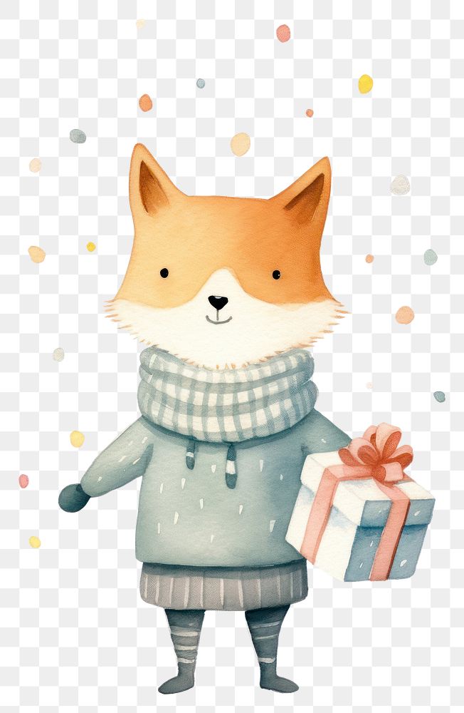 PNG Cute fox character wear sweater holding gift box cartoon celebration carnivora. 