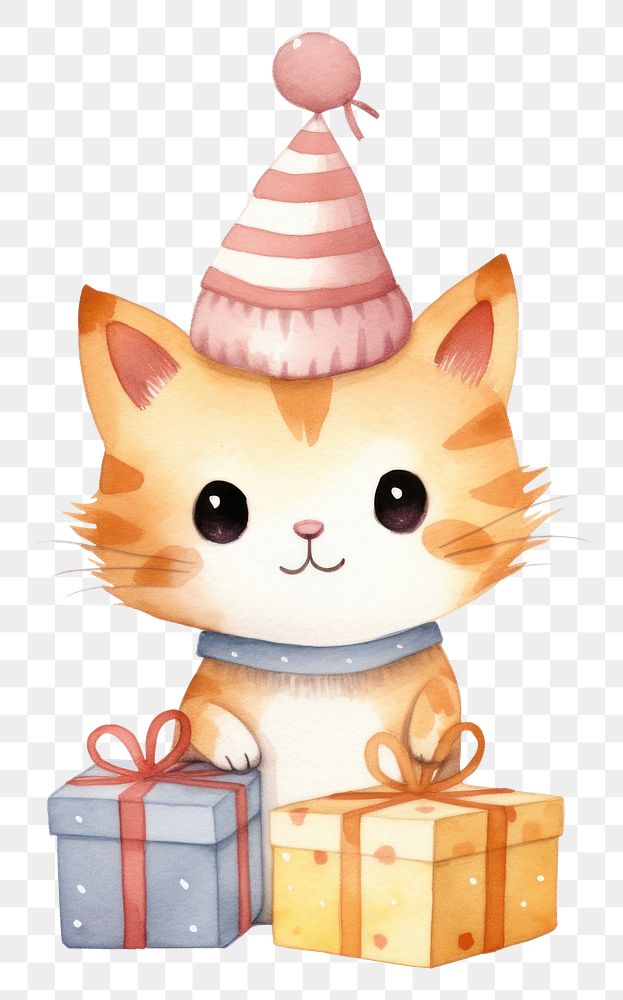 PNG Cute cat character wear sweater holding gift box decoration cartoon hat. 