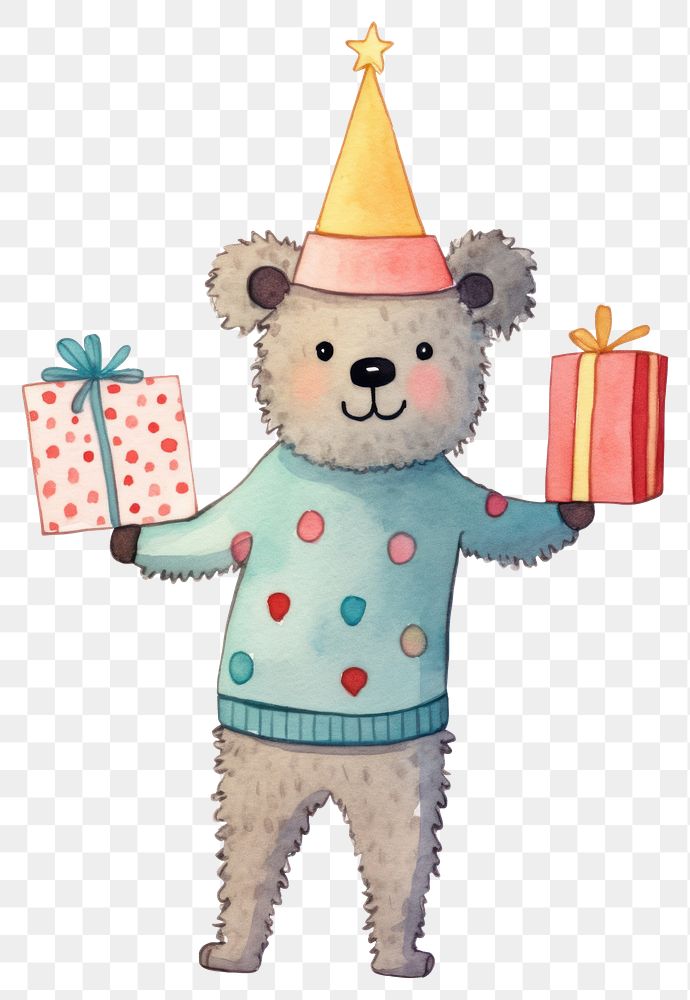 PNG Bear character wear sweater holding gift box decoration cartoon party. AI generated Image by rawpixel.