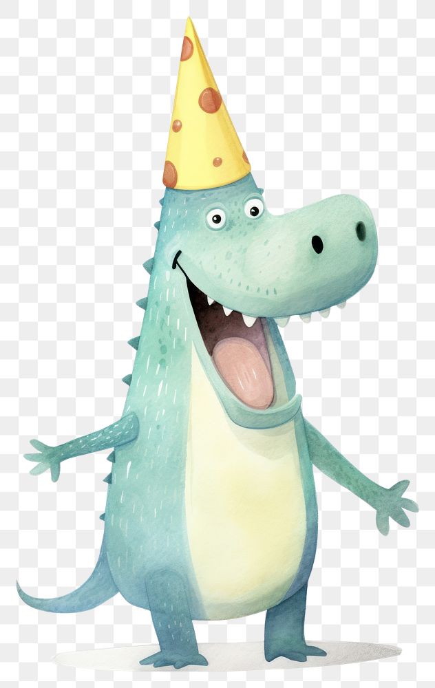 PNG Cute crocodile character wearing a party hat animal fun representation. AI generated Image by rawpixel.