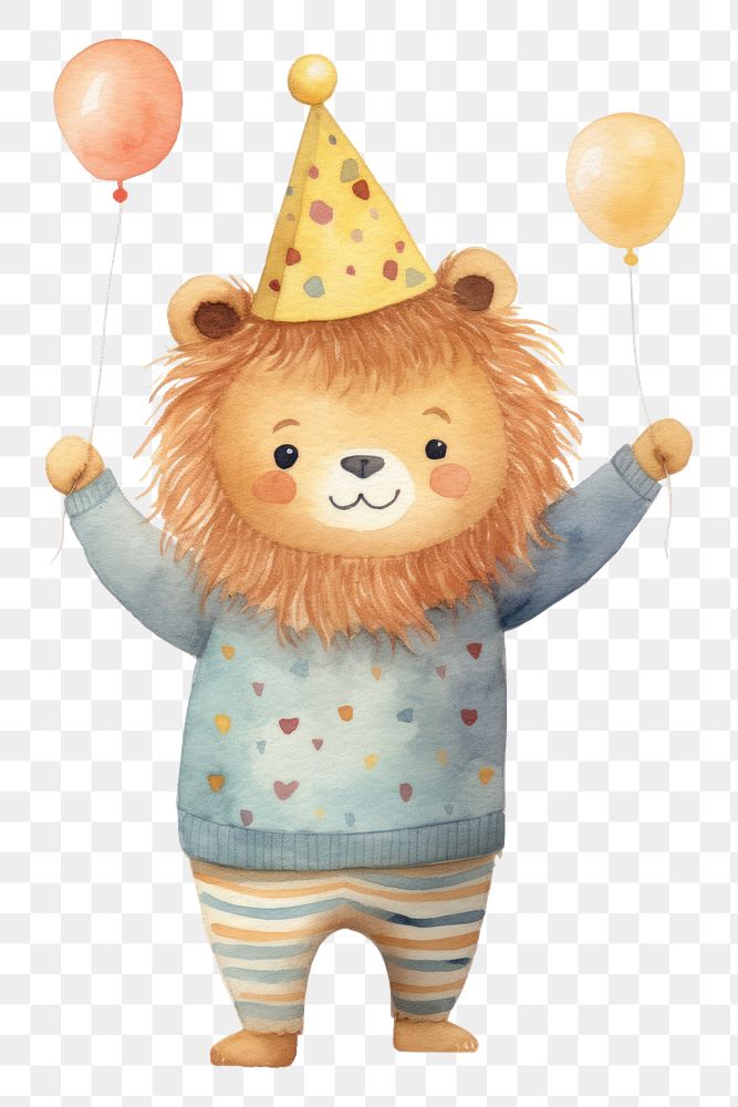 PNG Cute lion character wear sweater balloon cartoon party. AI generated Image by rawpixel.