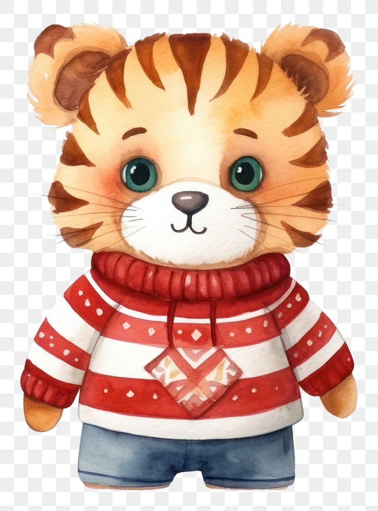 PNG Tiger wearing ugly christmas sweater toy white background representation. AI generated Image by rawpixel.