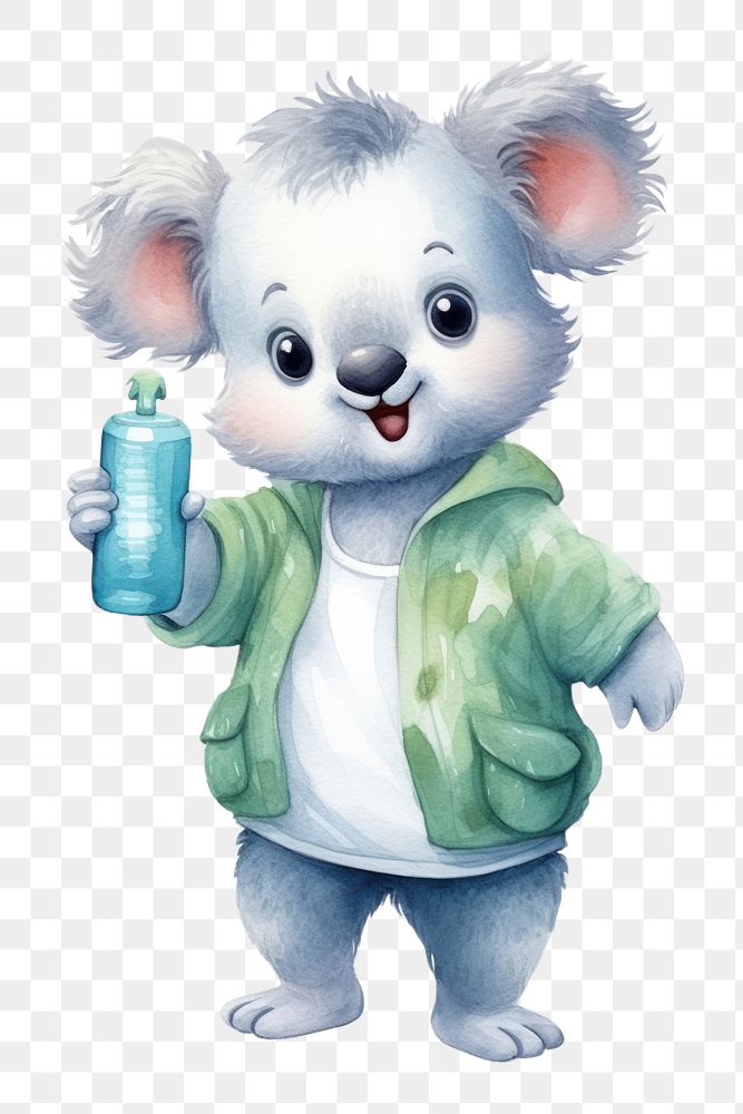 PNG Koala holding plastic bottle cute toy white background. AI generated Image by rawpixel.