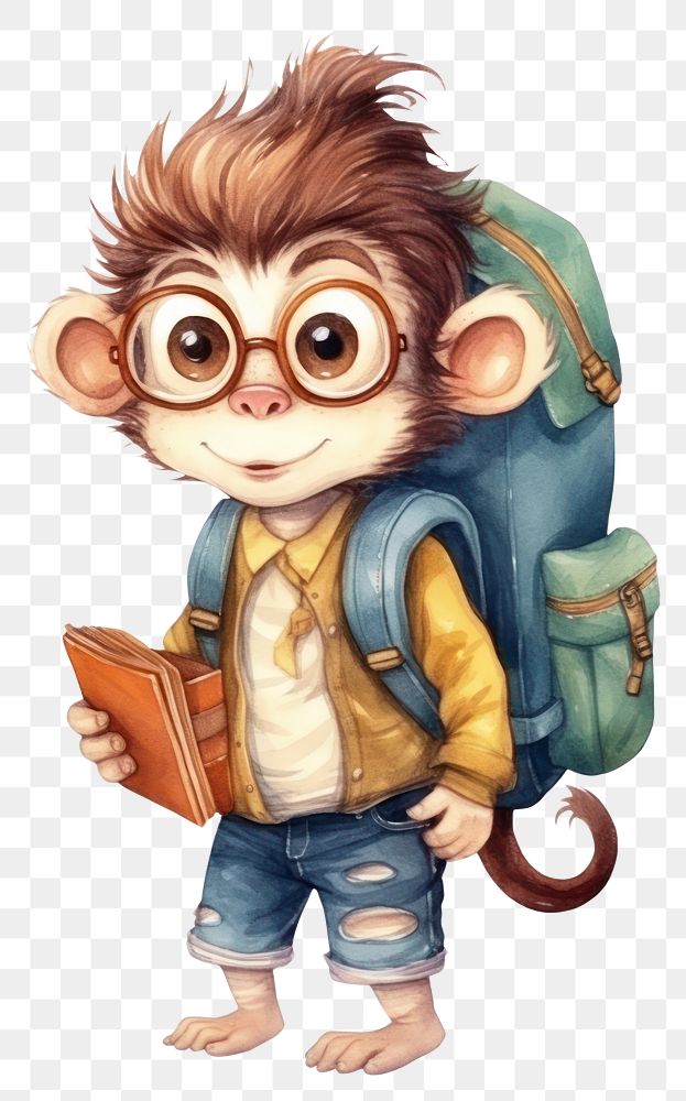 PNG Monkey school student cute book white background. AI generated Image by rawpixel.