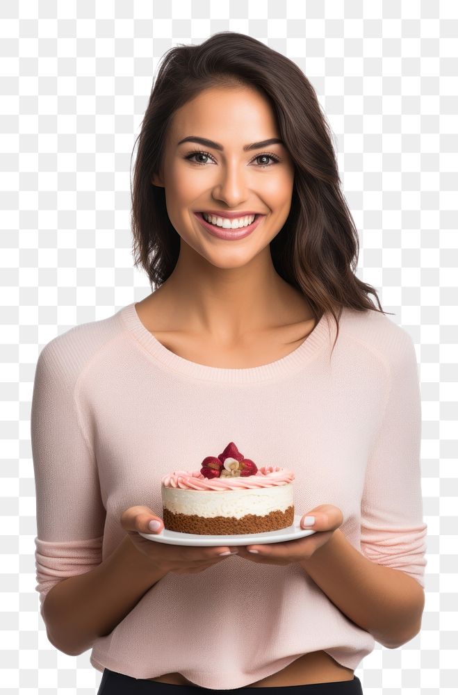 PNG Woman holding cake portrait dessert smiling. AI generated Image by rawpixel.