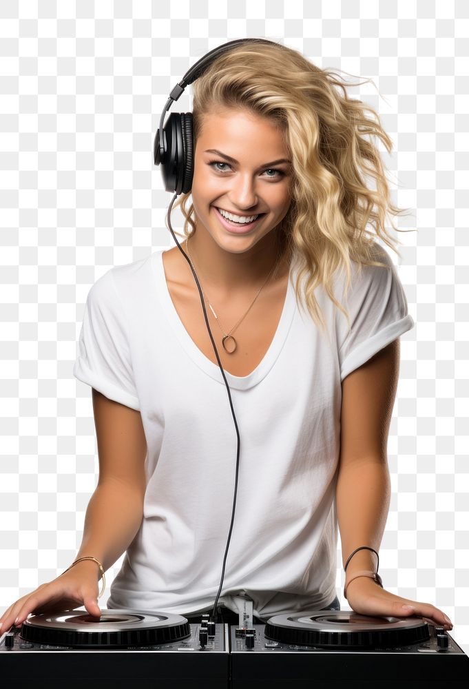 PNG Female DJs headphones headset smiling. AI generated Image by rawpixel.
