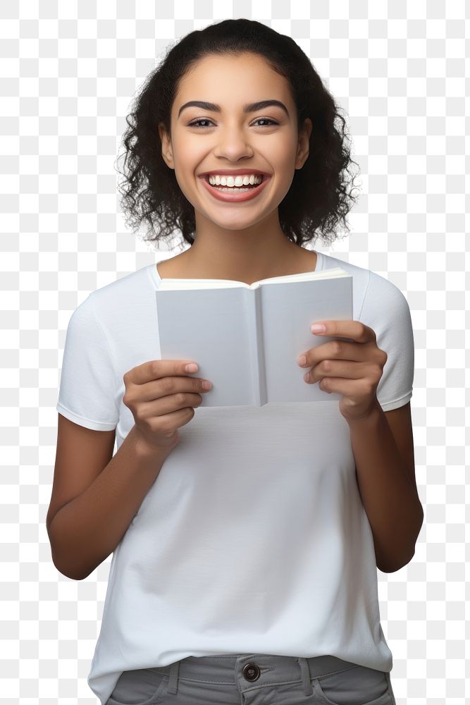PNG Teen mixed race woman teeth smile reading holding. AI generated Image by rawpixel.