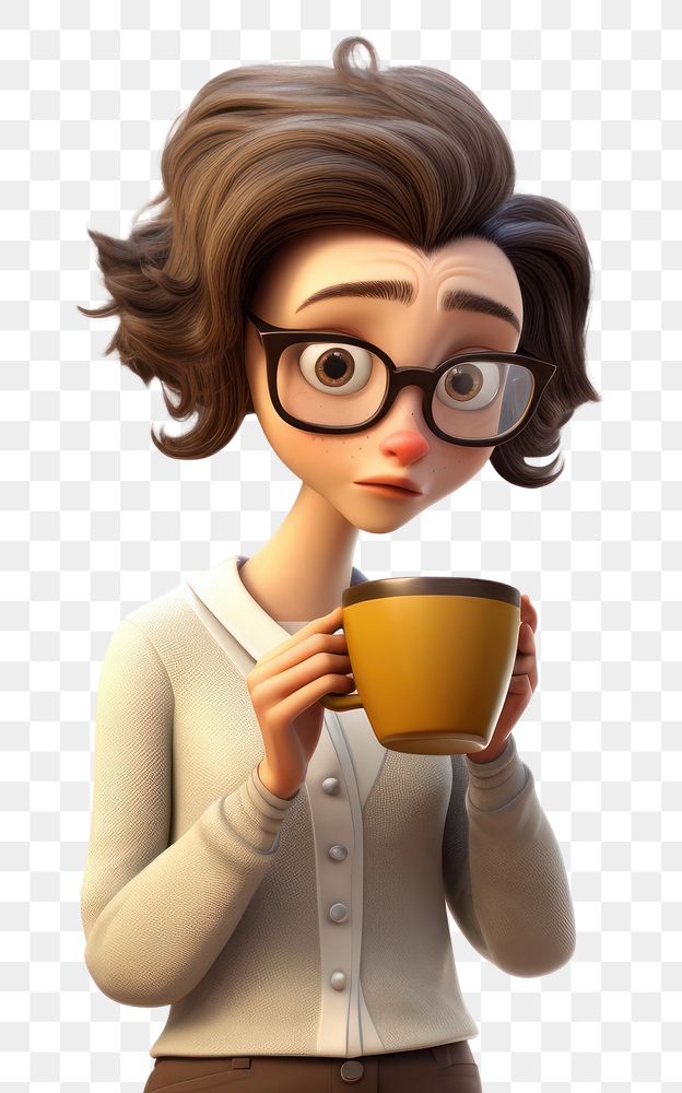 PNG Sleepy woman drinking coffee cartoon cup mug. AI generated Image by rawpixel.