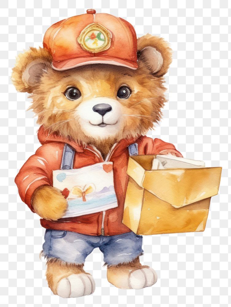 PNG Lion delivery man cute toy white background. AI generated Image by rawpixel.