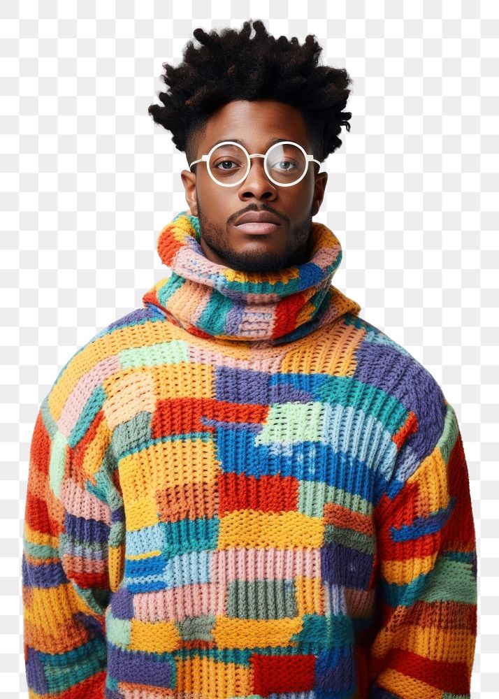 PNG Wearing colorful sweater glasses face white background