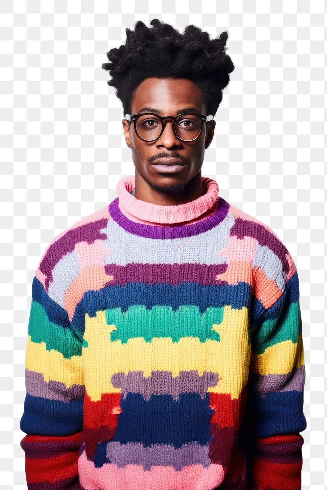 PNG Wearing colorful sweater portrait glasses photo. 