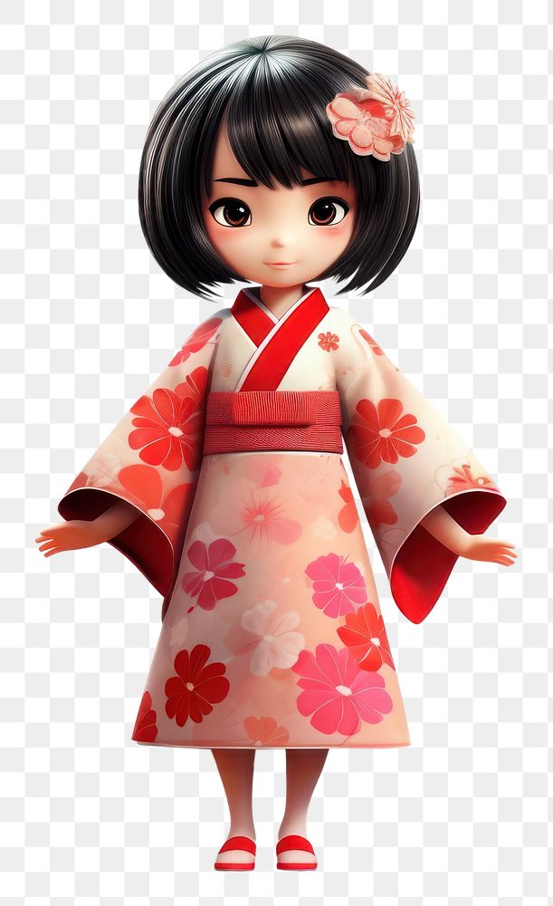 PNG 3d cartoon realistic little girl wearing kimono fashion doll robe. AI generated Image by rawpixel.
