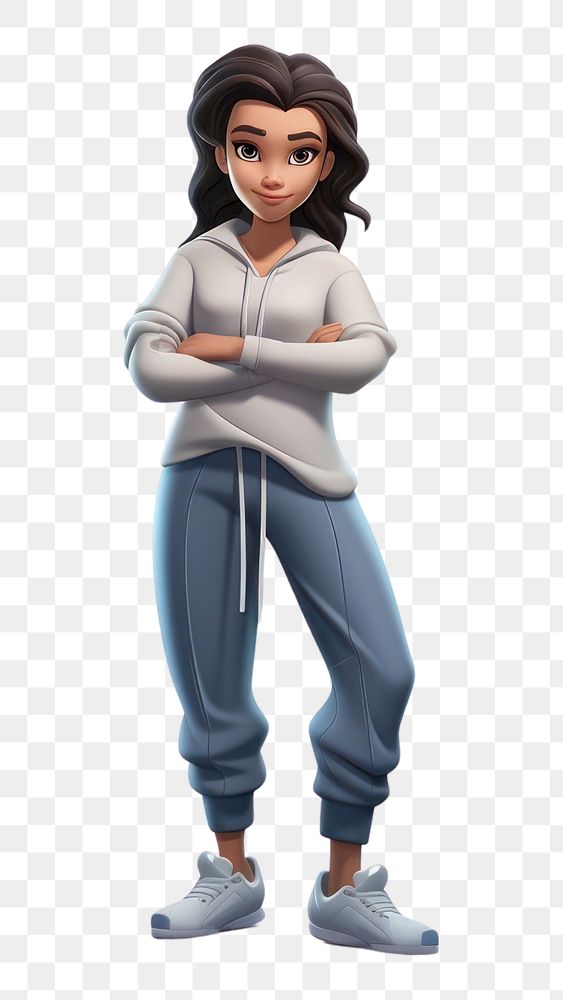 PNG 3d cartoon woman wearing jogger pants figurine adult white background. AI generated Image by rawpixel.