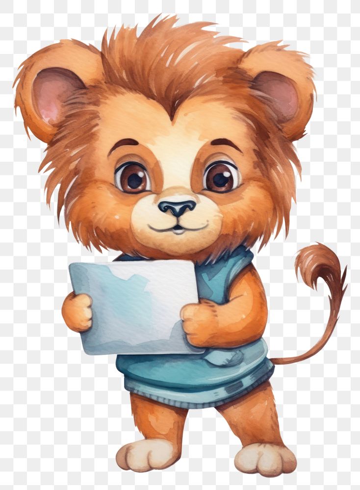 PNG Lion holding computer cartoon cute white background. AI generated Image by rawpixel.