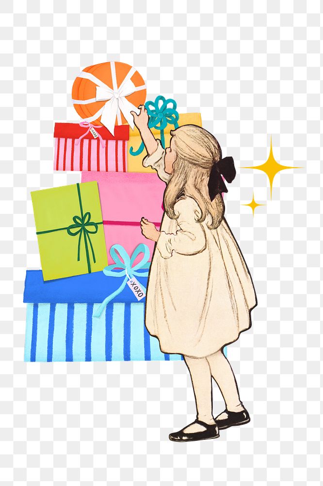 PNG New Year gifts, vintage girl illustration transparent background