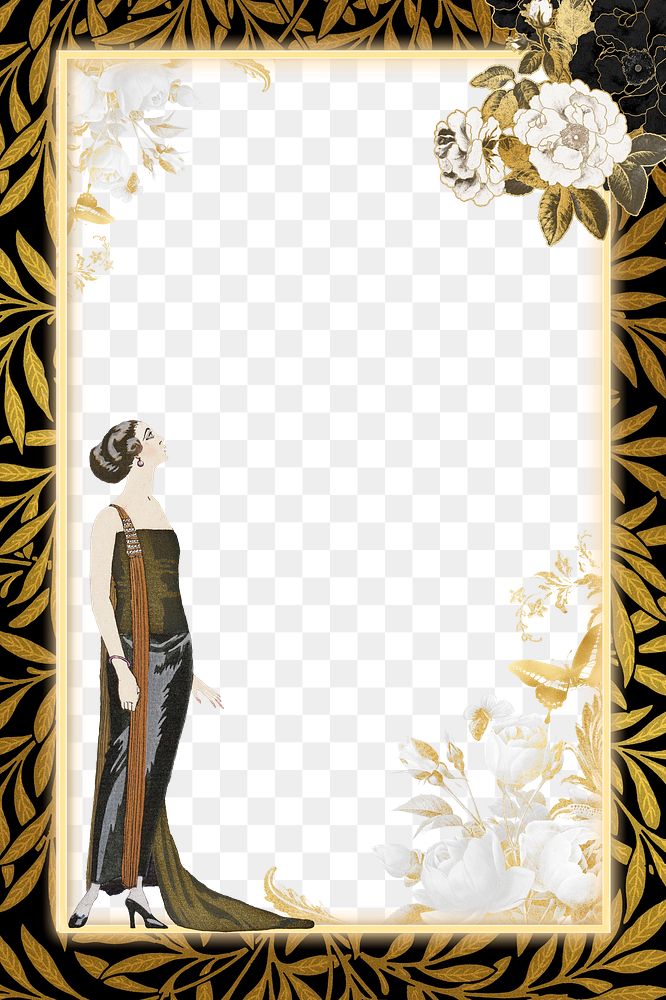 PNG 1920s woman fashion frame background, George Barbier's famous illustration, transparent background. Remixed by rawpixel.