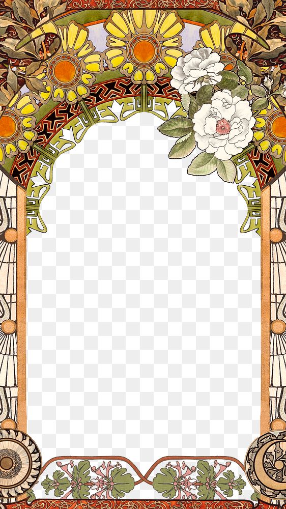 PNG Floral art nouveau frame background, vintage botanical illustration, transparent background. Remixed by rawpixel.