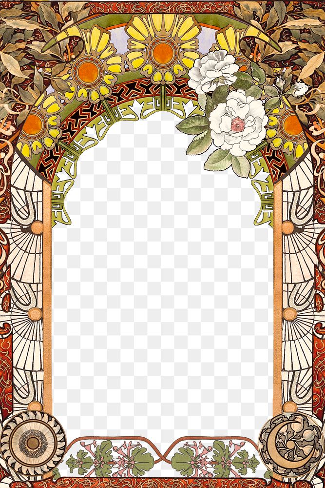 PNG Floral art nouveau frame, vintage botanical illustration, transparent background. Remixed by rawpixel.