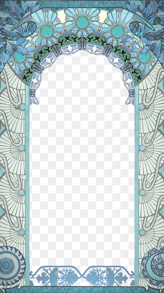 PNG Floral art nouveau frame background, blue vintage botanical illustration, transparent background. Remixed by rawpixel.