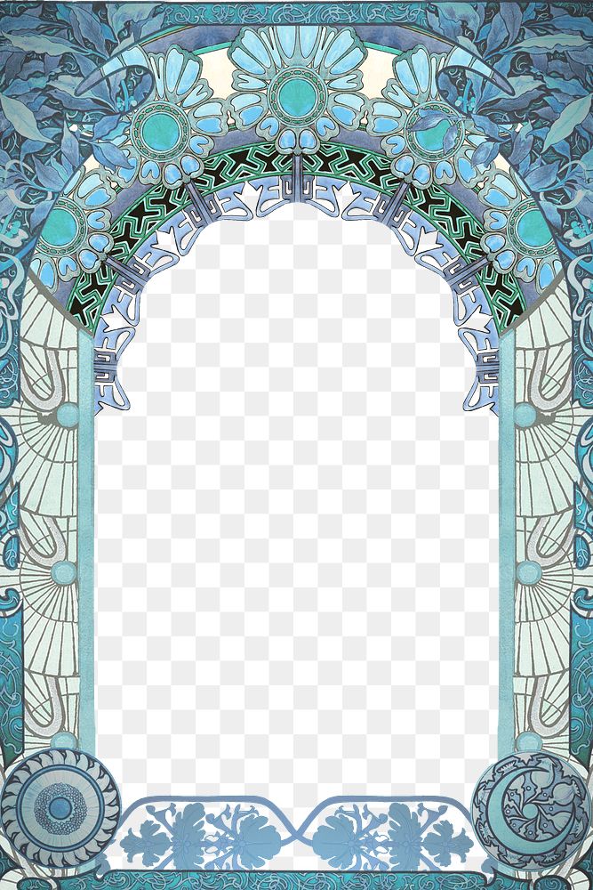 PNG Floral art nouveau frame background, blue vintage botanical illustration, transparent background. Remixed by rawpixel.