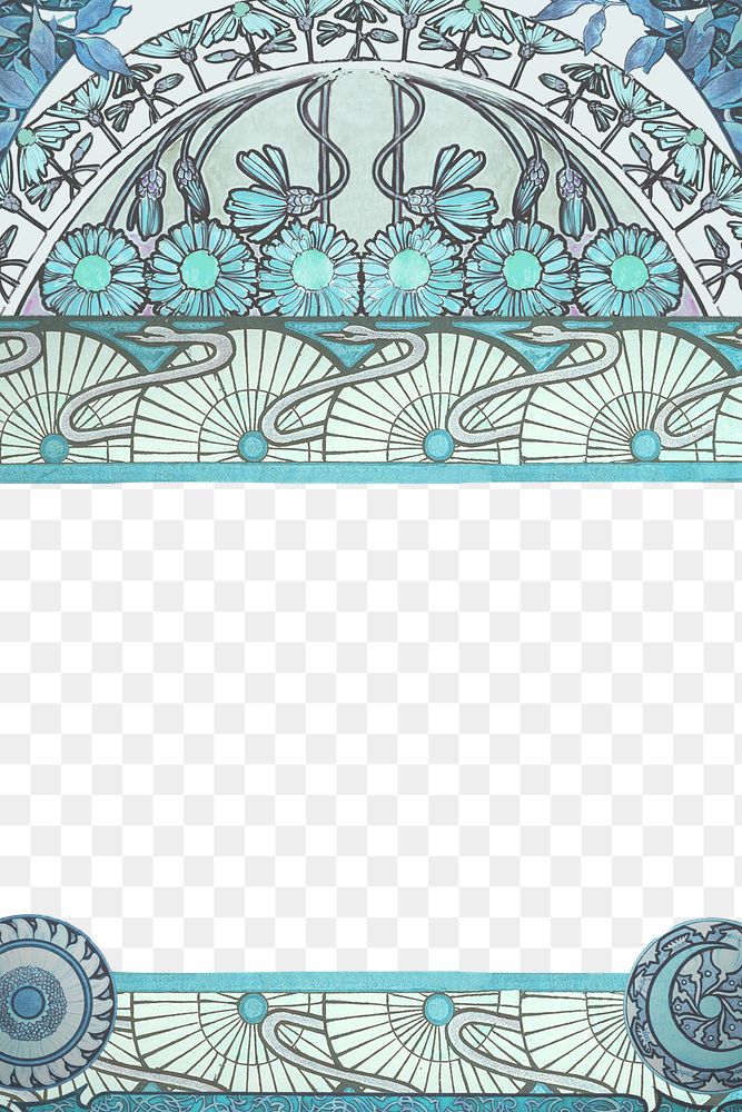 PNG Blue ornate flower frame, art nouveau illustration, transparent background. Remixed by rawpixel.
