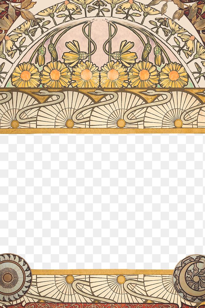 PNG Yellow ornate flower frame, art nouveau illustration, transparent background. Remixed by rawpixel.
