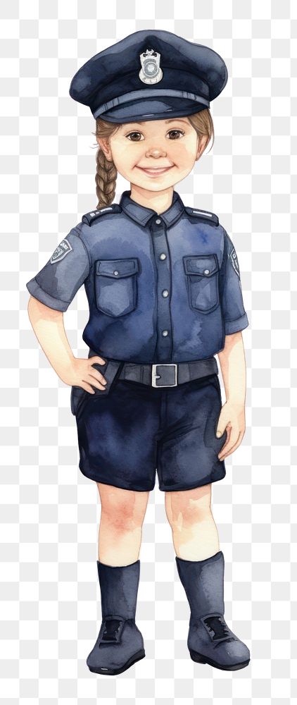 PNG Girl in police costume, watercolor illustration, transparent background