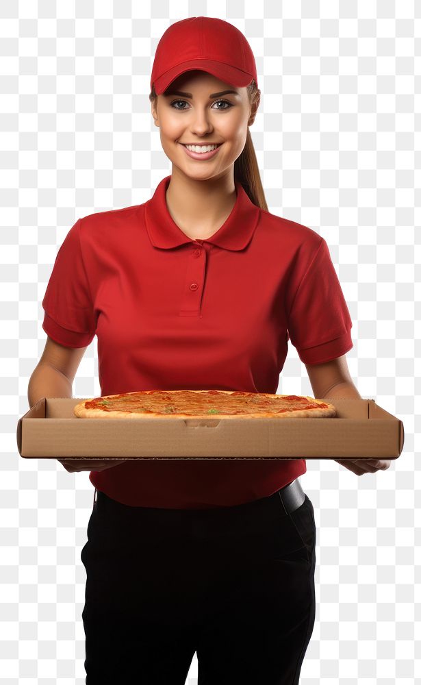 PNG  Girl holding pizza box adult food white background. AI generated Image by rawpixel.
