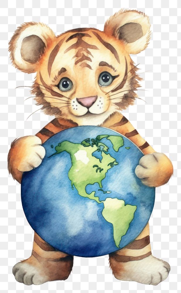 PNG Tiger holding earth mammal planet animal. AI generated Image by rawpixel.