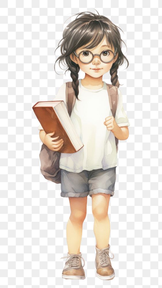 PNG Asian kid girl wearing student child shorts book. AI generated Image by rawpixel.
