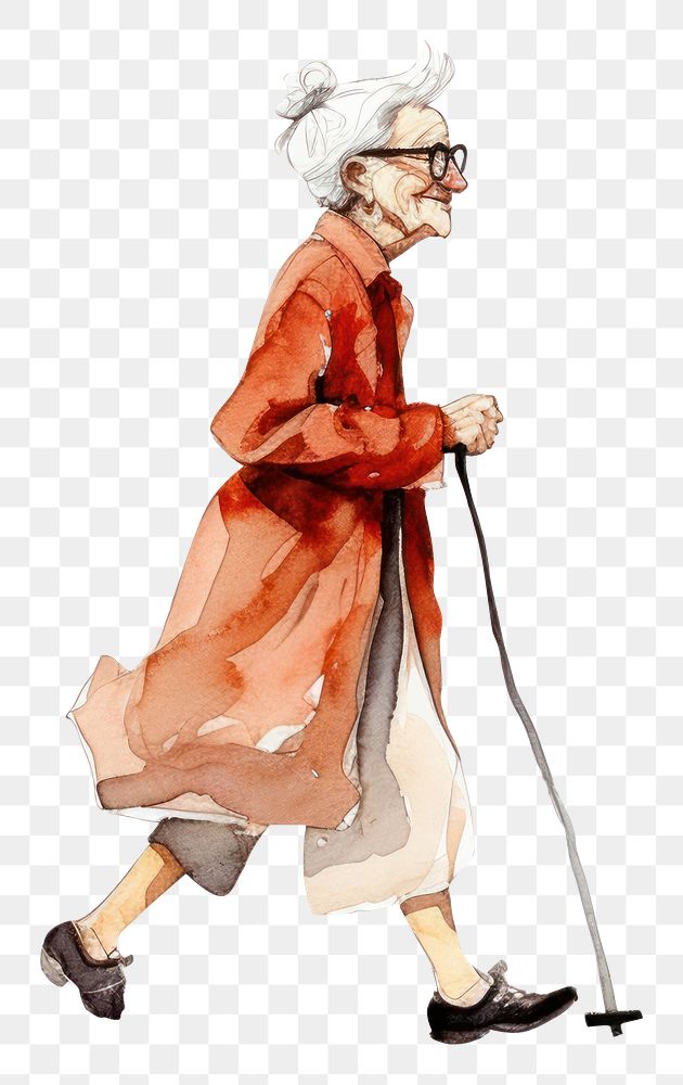 PNG Old woman walking looking happy cartoon sketch adult. AI generated Image by rawpixel.
