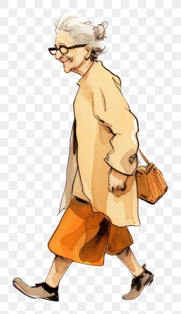 PNG Old woman walking looking happy cartoon shadow sketch. AI generated Image by rawpixel.