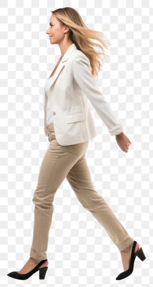 PNG A woman walking footwear blazer. 