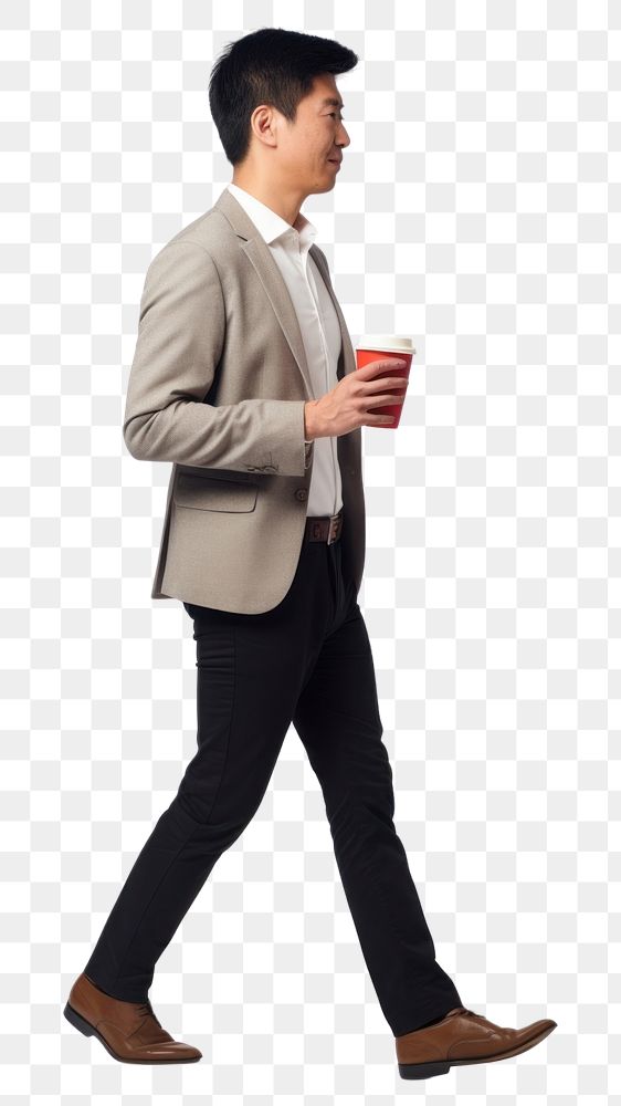 PNG A business asian man holding coffee cup walking blazer tuxedo. AI generated Image by rawpixel.