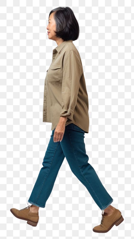 PNG Senior asian woman wearing casual attire walking sleeve pants. 