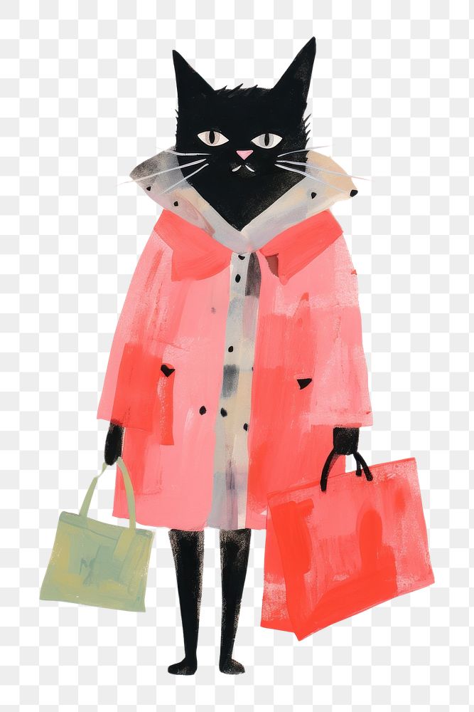 PNG Cat wear wintr coat hold shopping bag handbag mammal animal
