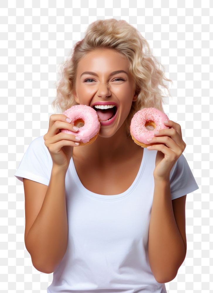PNG Happy woman enjoy eating donut adult food relaxation. AI generated Image by rawpixel.