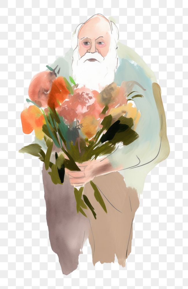 PNG Old man holding flowers painting drawing plant. AI generated Image by rawpixel.